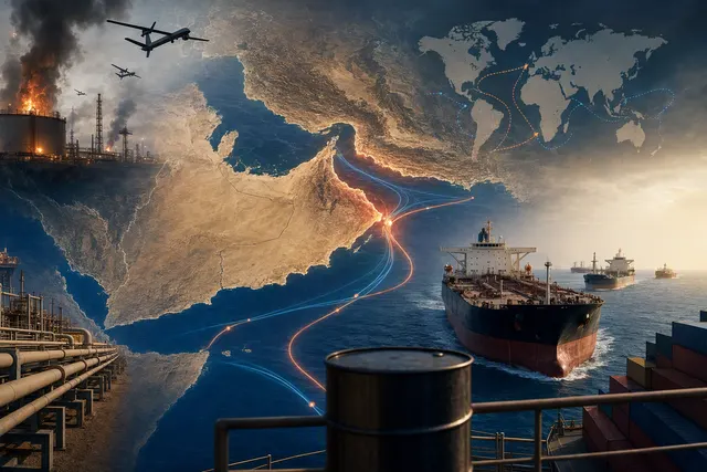 Oil tanker navigating a tense Middle East shipping route near energy infrastructure