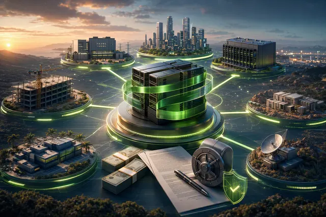Editorial illustration representing Nvidia-linked AI data centers and cloud infrastructure financing