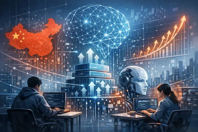 Abstract illustration of open-weight AI models and DeepSeek V4 Flash powering rising token traffic on an AI gateway