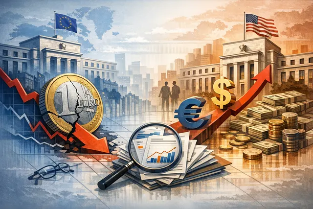 EUR/USD currency pair chart showing euro decline toward $1.14 against the U.S. dollar with central bank policy indicators