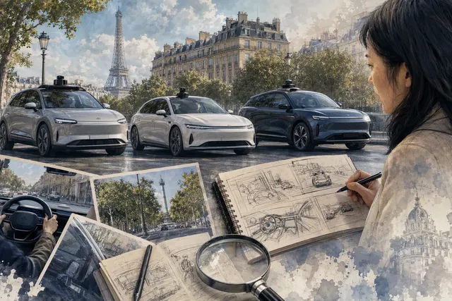 Illustration of driver-assistance technology navigating busy Paris traffic near the Arc de Triomphe