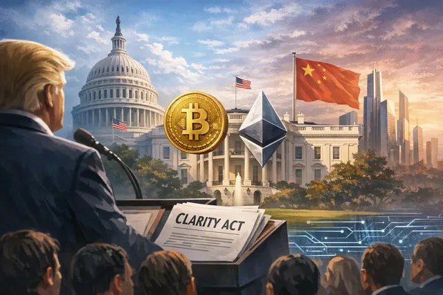 Illustration of a White House crypto summit focused on the CLARITY Act and U.S. digital-asset regulation