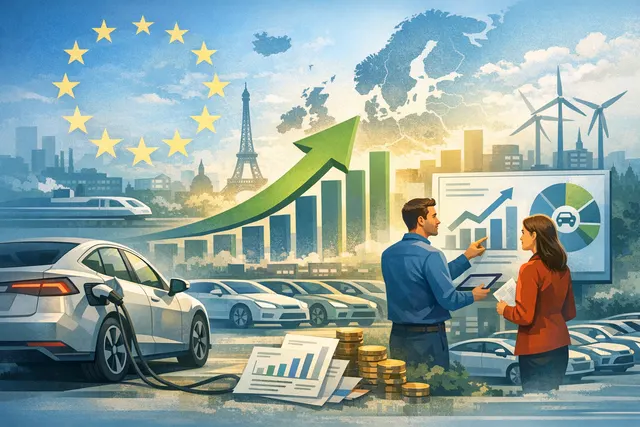 Charging stations and electric vehicles in a European city, illustrating the 34% surge in EV sales in May 2025