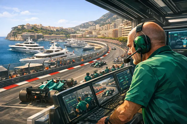 Adrian Newey returning to the Aston Martin pit wall at the 2026 Monaco Grand Prix