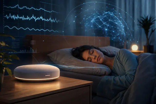 Editorial illustration of a screen-free AI bedside sleep device in a bedroom