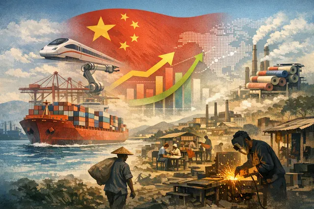 Stylized map of global trade flows with China at the center, highlighting intermediate goods and components moving to developing nations in Asia, Africa, and Latin America.