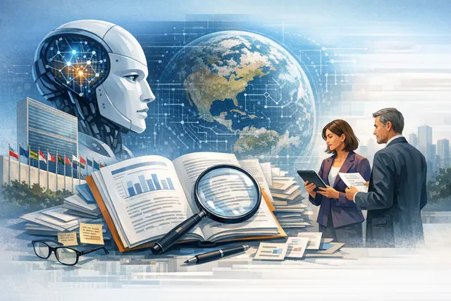 AI-generated editorial image depicting the UN's Independent International Scientific Panel on AI report with abstract representations of global governance and artificial intelligen