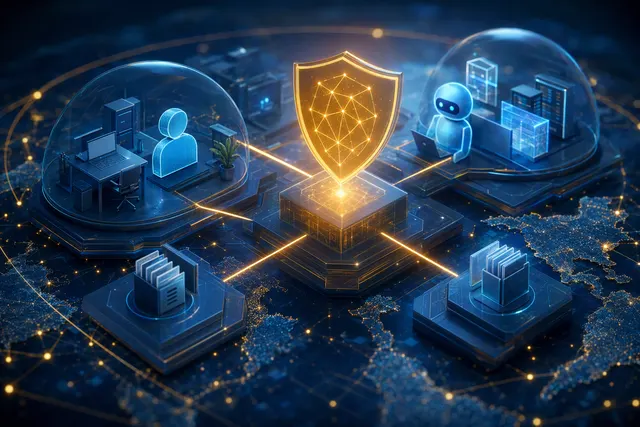 Illustration representing enterprise AI agents monitored by security controls