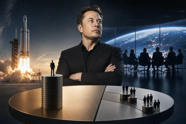 Illustration of SpaceX IPO with Elon Musk and rockets symbolizing massive valuation and investor windfalls