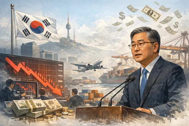 A downward-spiraling graph overlaying the flags of South Korea and Indonesia, symbolizing the synchronized currency plunges in June 2026.