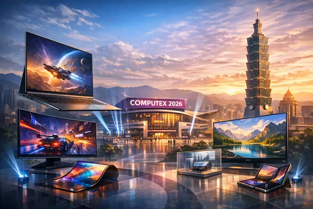 An illustration of Samsung's 4K 360Hz QD-OLED and LG's 39-inch 5K2K OLED gaming monitors displayed at Computex 2026 in Taipei