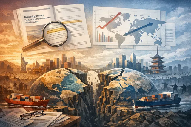 A conceptual image of a divided globe with East and West separated by a financial and trade barrier, representing geoeconomic fragmentation.