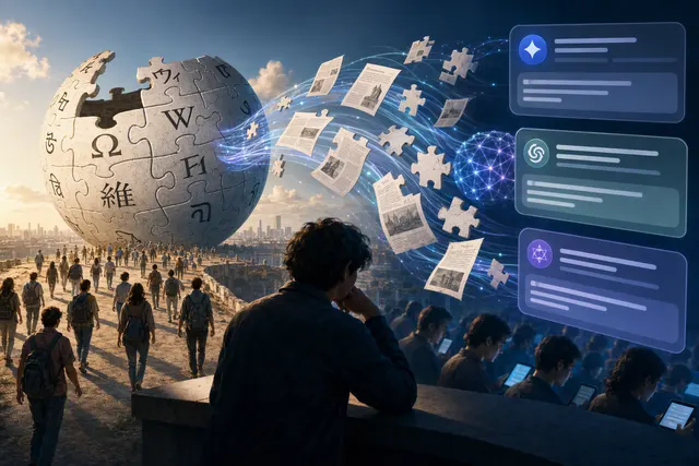 Illustration of Wikipedia pages and artificial intelligence symbols representing the debate over AI use of online knowledge