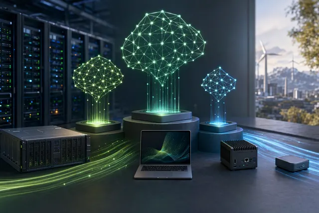 Editorial illustration representing AI models running across data-center and local computing hardware