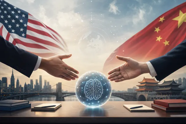 Editorial illustration representing U.S.-China AI incident communications and diplomacy