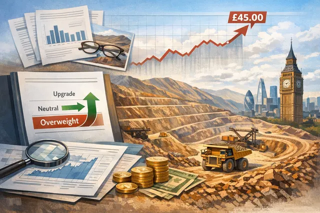 JPMorgan analyst report page showing Antofagasta upgrade to Overweight with 4,500 pence price target, overlaid on a copper mining landscape.
