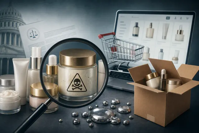 Skin-lightening cream containers and online marketplace imagery illustrating Reuters’ report on mercury-flagged cosmetics