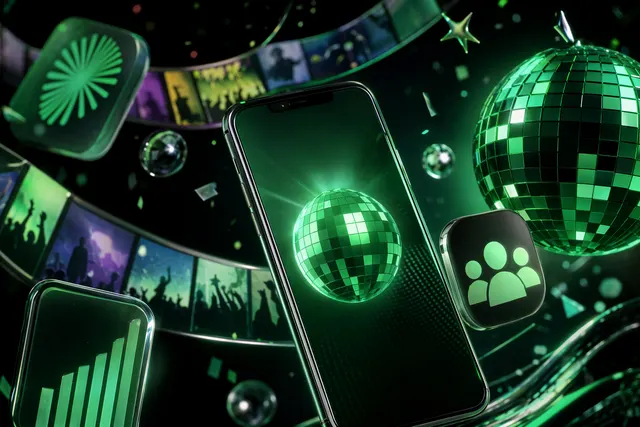 Spotify app icon redesigned as a green disco ball for the Spotify 20 anniversary campaign