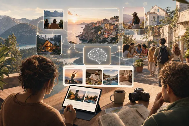 AI-generated editorial illustration for an article about Airbnb’s AI-powered travel search and trip planning