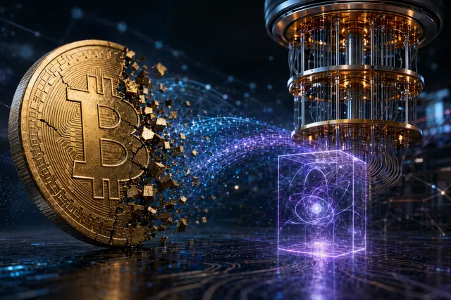 Concept illustration of quantum computing threatening Bitcoin cryptography