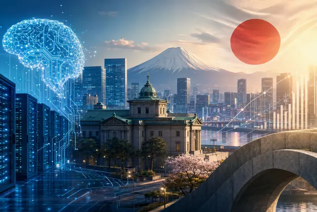 Editorial illustration representing the AI boom’s effects on financial markets and interest rates