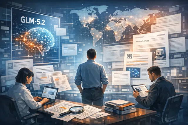 Abstract digital artwork representing Zhipu AI's GLM-5.2 model, with flowing data streams and binary code symbolizing open-weight AI and global market impact.