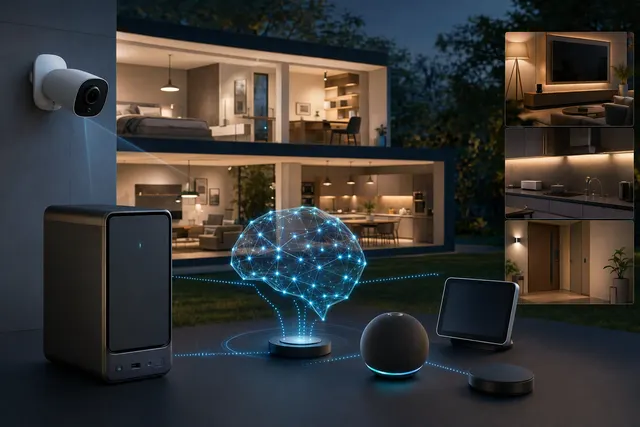 Editorial illustration of UGREEN HomeAgent local AI smart-home hub technology