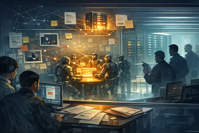 Editorial illustration of AI agents coordinating through shared infrastructure inside a cybersecurity evaluation