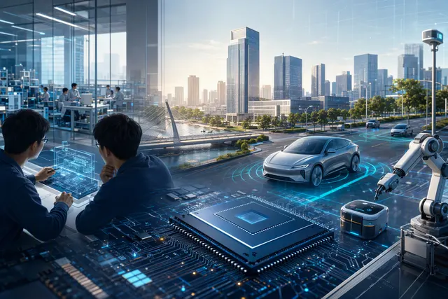Editorial illustration of an edge AI processor and unified computing architecture