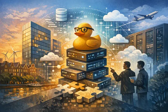 Editorial illustration representing AWS acquiring DuckLabs while DuckDB remains an independent open-source project