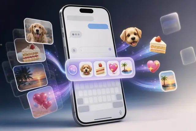 Concept illustration of AI-generated Genmoji suggestions appearing in an iPhone keyboard