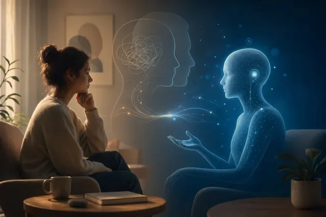 Illustration eines KI-Chatbots als Coaching-Hilfe neben Symbolen für mentale Gesundheit