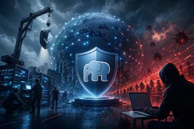 Editorial illustration representing the PHP2Shell vulnerability and emergency software patching