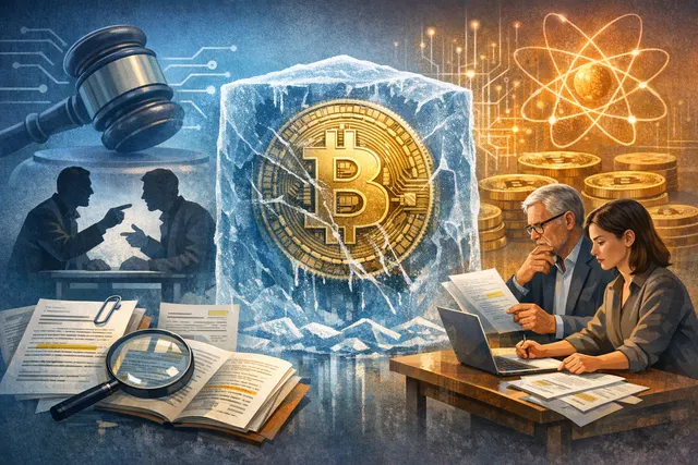 Dramatic visualization of a Bitcoin split between two paths — one path leads to a frozen lock, the other to a quantum computer, representing the governance debate over freezing Sat