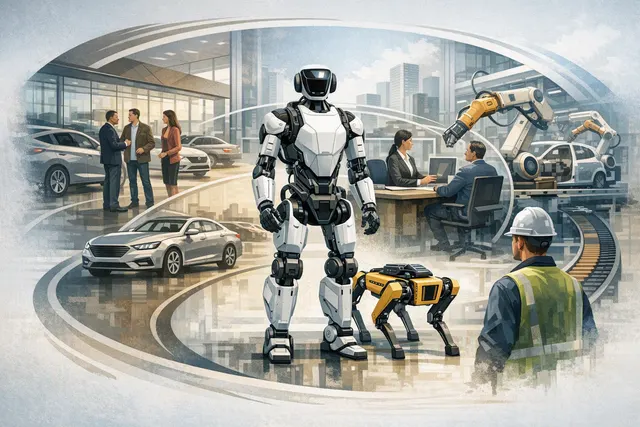 Humanoid and quadruped robots representing Hyundai and Boston Dynamics’ industrial robotics strategy