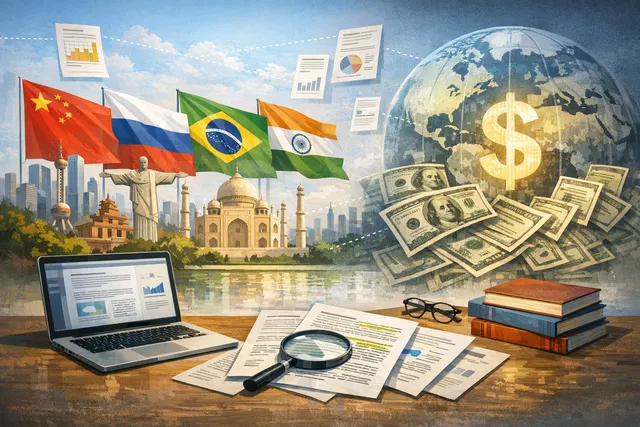 A conceptual illustration of a globe with BRICS country flags and digital payment symbols representing the bloc's push for de-dollarization and new payment infrastructure.