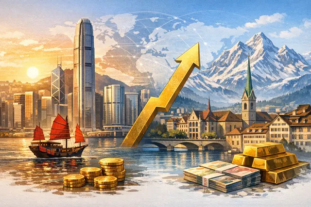 Infographic visualizing the shift of the world's largest offshore wealth hub from Switzerland to Hong Kong, with charts showing growth trajectories and risk profiles.