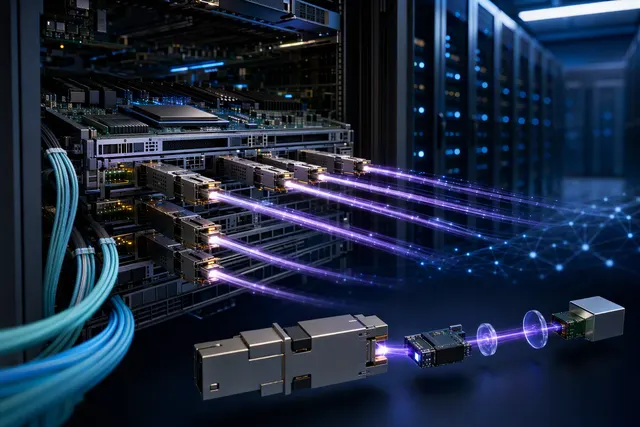 AI-generated illustration accompanying an article about optical PCIe connectivity for AI racks