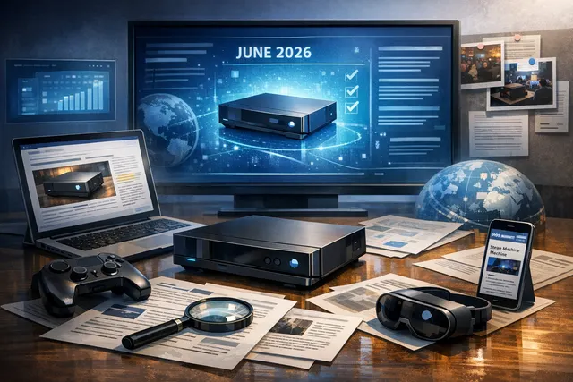Valve Steam Machine console on a desk with a controller, representing the 2026 launch.