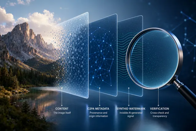 Concept illustration representing systems used to identify AI-generated images through metadata and watermarking