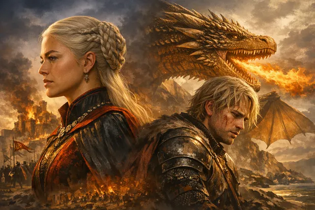 Rhaenyra, Aegon, and Aemond Targaryen stand separately in a fiery hall representing the fractured Targaryen dynasty in House of the Dragon Season 3.