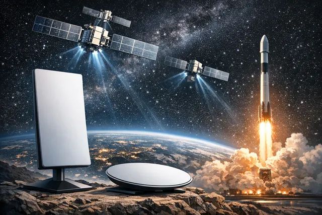 Starlink satellite network in orbit above Earth with next-generation V3 bandwidth beam illustration