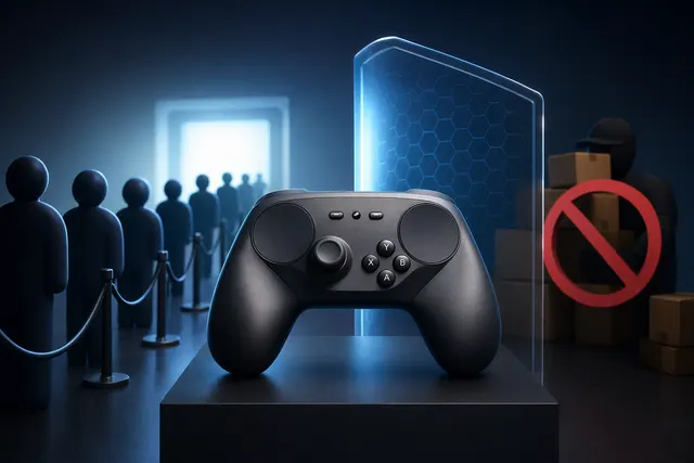 Illustration of a Steam Controller purchase queue with anti-scalper limits and a 72-hour checkout window