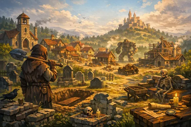 AI-generated editorial illustration for Graveyard Keeper 2, showing a medieval graveyard-management setting with undead workers
