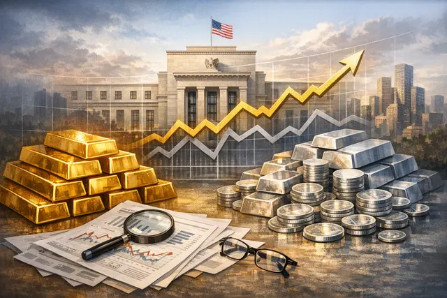 Illustration of gold bars and silver coins beside market charts showing rising precious-metals prices