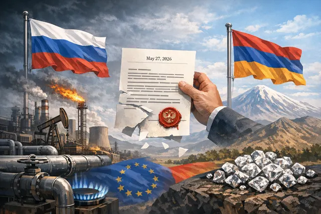 A map of the South Caucasus highlighting the geopolitical tension between Russia and Armenia, with energy pipeline symbols and EU stars, illustrating Russia's threat to cut off gas