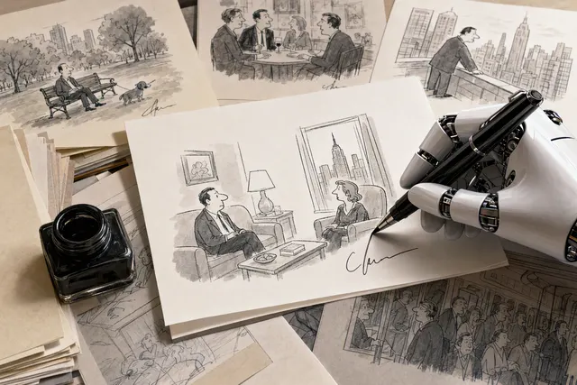 Editorial illustration accompanying a report on AI-generated cartoons and real cartoonists’ signatures