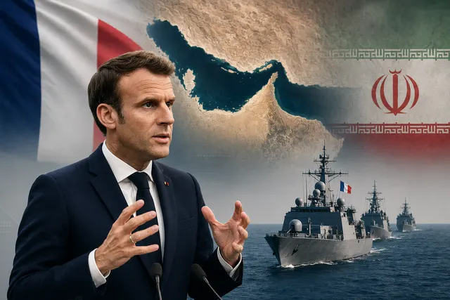 AI-generated editorial illustration of Emmanuel Macron and naval ships near the Strait of Hormuz