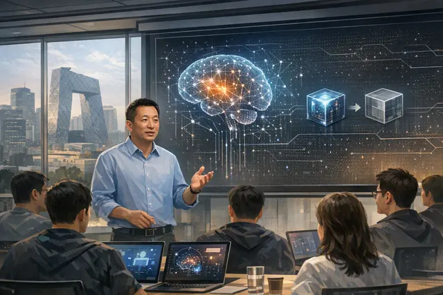 Editorial illustration of Zhang Yiming’s reported no-distillation directive to ByteDance’s Seed AI team