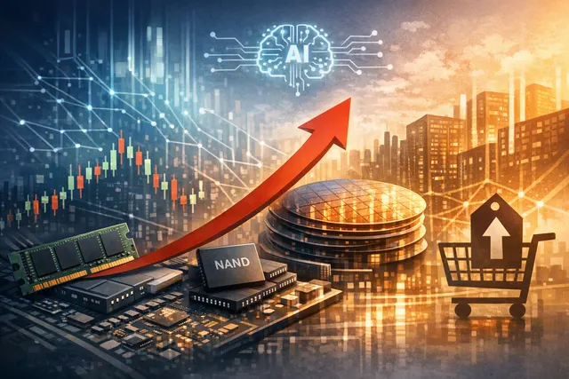 Memory chip stock market rally chart and smartphone price increase warning: AI-driven DRAM and NAND shortage impact on Apple, iPhones, and consumer electronics in 2026